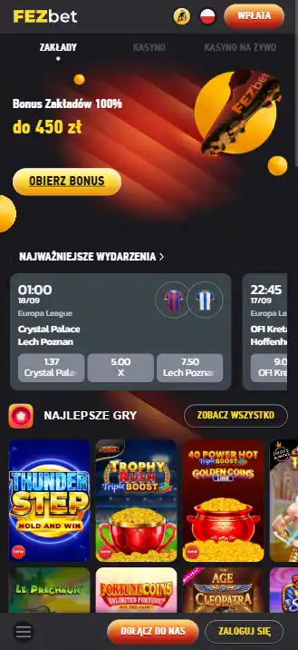 Rzeczywisty mobilny widok serwisu FEZbet na ekranie telefonu