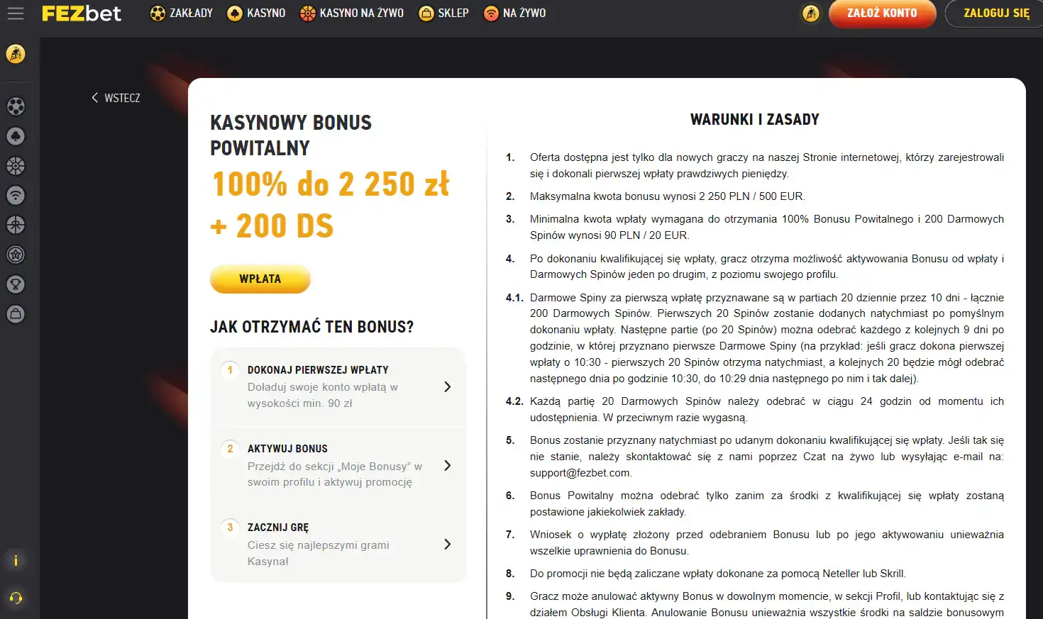 Warunki 200 darmowych spinów w promocji powitalnej FEZbet
