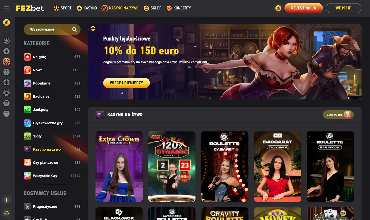 Aktualna sekcja Live Casino FEZbet z grami i dostawcami