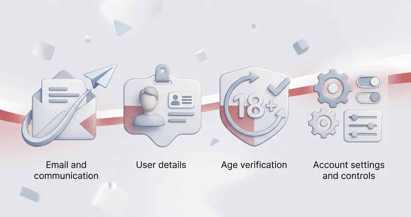 Neutralna ilustracja zakładania konta online z e-mailem i ustawieniami profilu